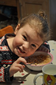 Day 2: Lola listening for the 'snap, crackle, pop' in her bowl of Rice Crispies