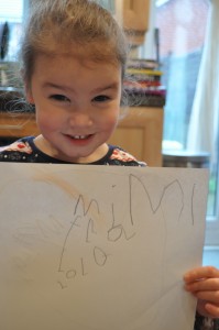 Day 9: Lola's best writing (age 4 years and 2 months): "Mimi Ella Lola"