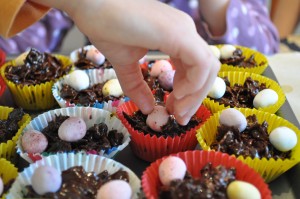 Day 44:  Making chocolate Easter nests with the girls