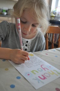 Day 89:  One-to-one time with Mimi, helping her write thank you letters for the birthday presents she received