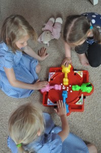 Day 90:  Hearing the shouts of laughter from my girls as they spent at least 15 minutes after school playing Hungry Hippos together