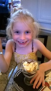 Day 161:  The girls enjoying their ice cream sundaes for pudding after a tea-time treat at Pizza Express