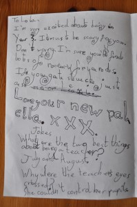 Day 185:  Finding this note in Ella's school bag for the new girl who has just joined her class - "To ****, I'm very excited about being in Year 3.  It must be scary for you.  Don't worry, I'm sure you'll find lots of new friends.  If you get stuck, jut ask me.  Love your new pal Ella xxx"