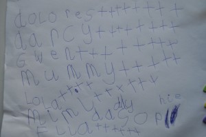 Day 305:  Finding this - a list written by my littlest girl of all the people she loves: Dolores, Darcy, Gwen (her 3 best friends), Mummy, Lola (it fills my heart with joy when I see she's put herself on the list), Mimi, Ella, Daddy and Sophie.