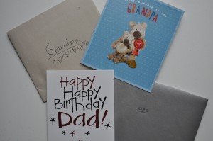 Day 357:  Today would have been Dad's 64th birthday.  I bought these cards for him from the girls and I before he died.  We wrote them anyway - special messages of love and sadness.